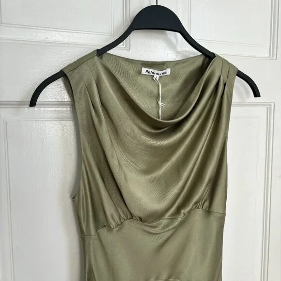 Reformation Dessa Dress NWT Midi Long Artichoke Green Maxi Cowl Neck Cocktail 4 - Picture 5 of 8